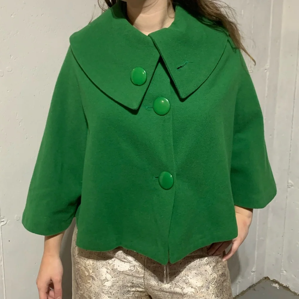 Vintage Wool Button Up Cape, 3/4 Length Sleeves, OSFM, Made in Australia - Picture 2 of 8